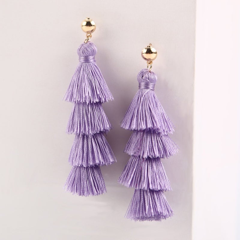 BaubleStar Fashion Tassel Dangle Earrings for Women Layered Long Bonita Tiered Lavender Purple Thread Tassel Drop Statement Jewelry - Image 4